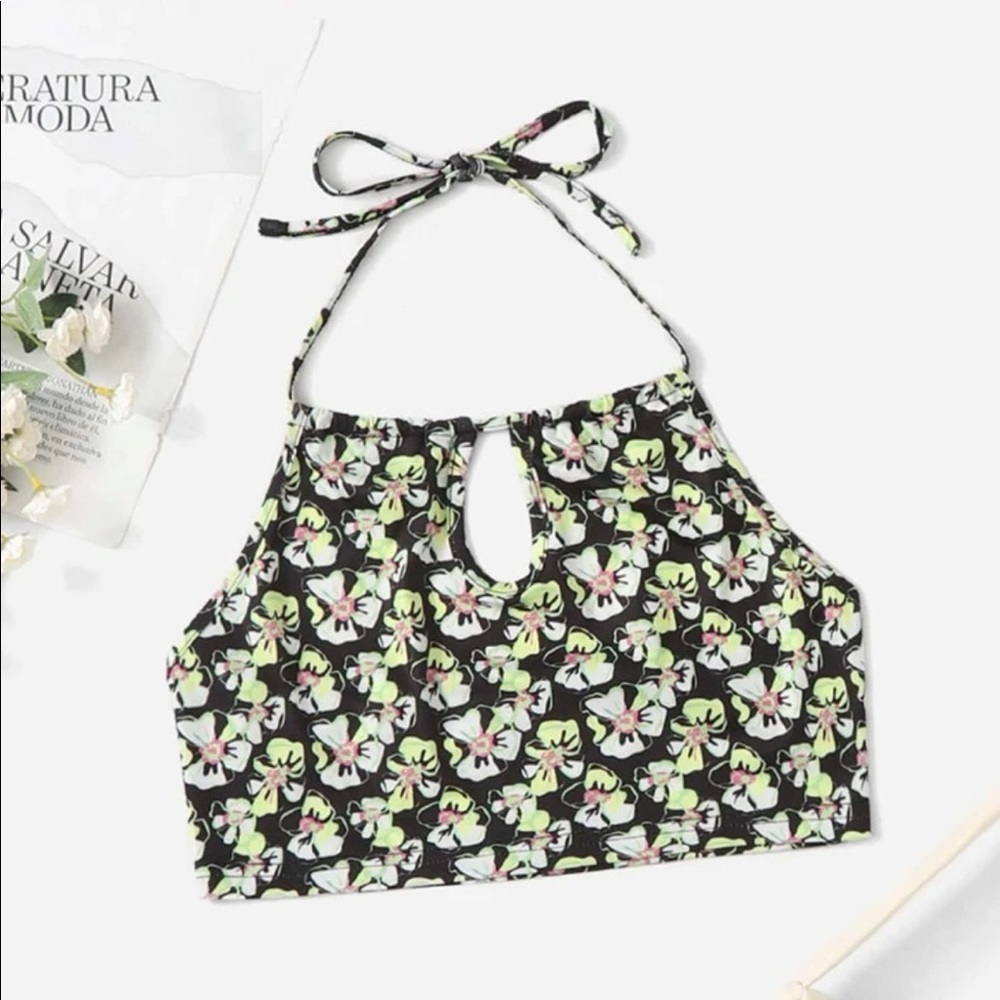 Allover Print Open Back Crop Halter Top